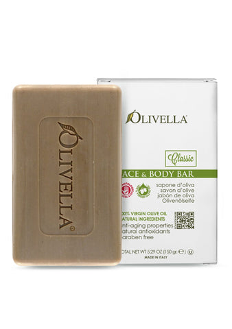Olivella face and body bar with packaging on a white background