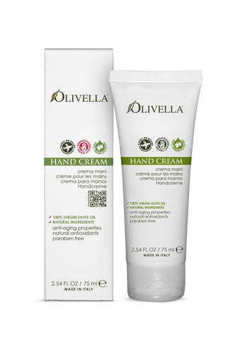 Olivella hand cream with packaging on a white background