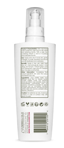 White bottle with text and logos on a white background
