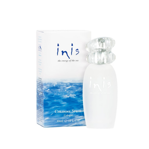 Perfume bottle and packaging with 'inis' branding on a white background