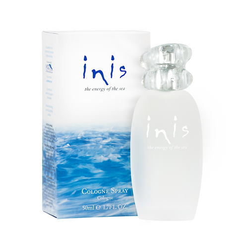 Inis cologne spray bottle and packaging on a white background